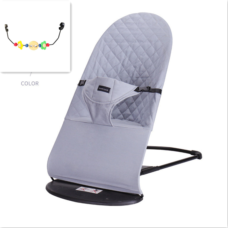 Gray baby bouncer with black base chair