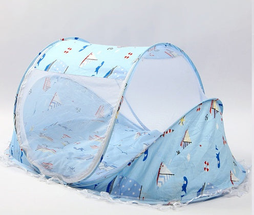 Portable mosquito net folded flat into its compact travel pouch