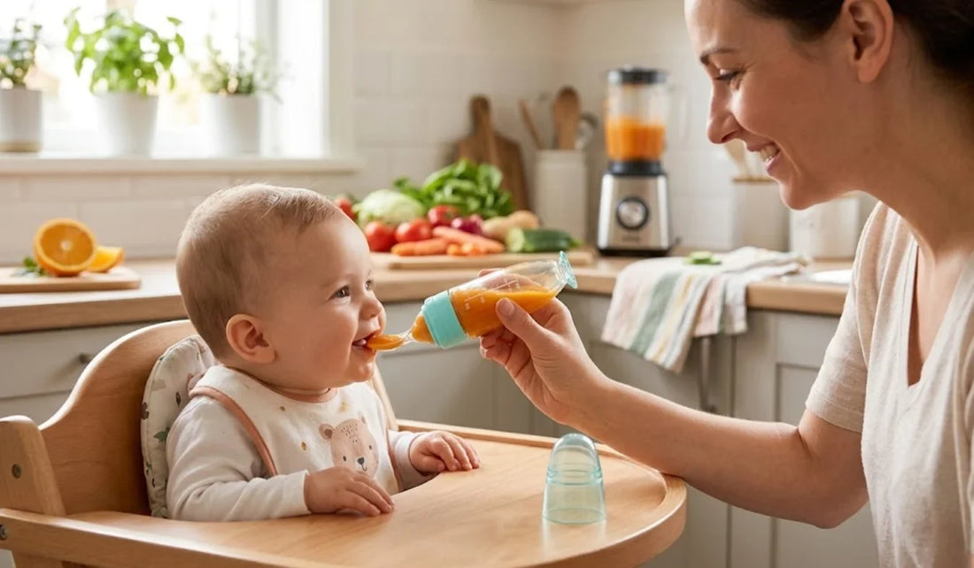 Mother feeding the baby with silicone baby spoon