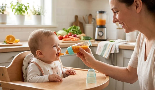 Mother feeding the baby with silicone baby spoon