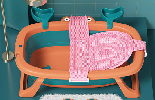 Orange and teal collapsible baby tub
