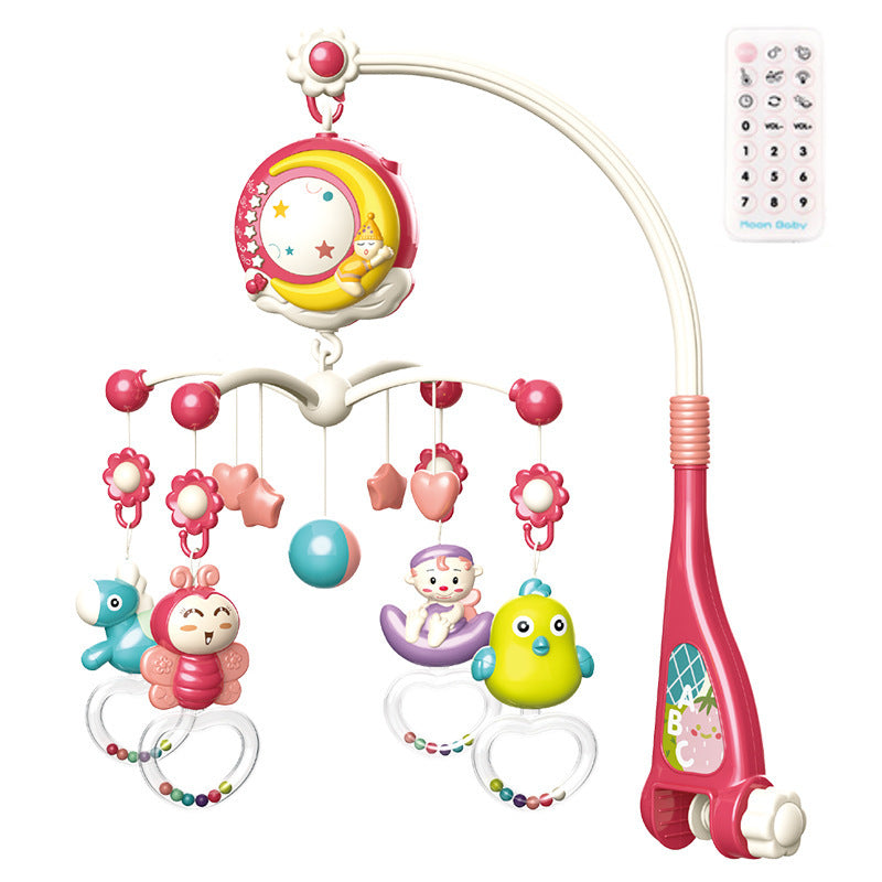 Full view of musical crib mobile assembled on crib rail