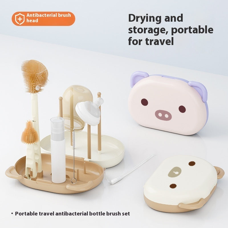 Baby bottle brush set with travel storage case in milk cafe white