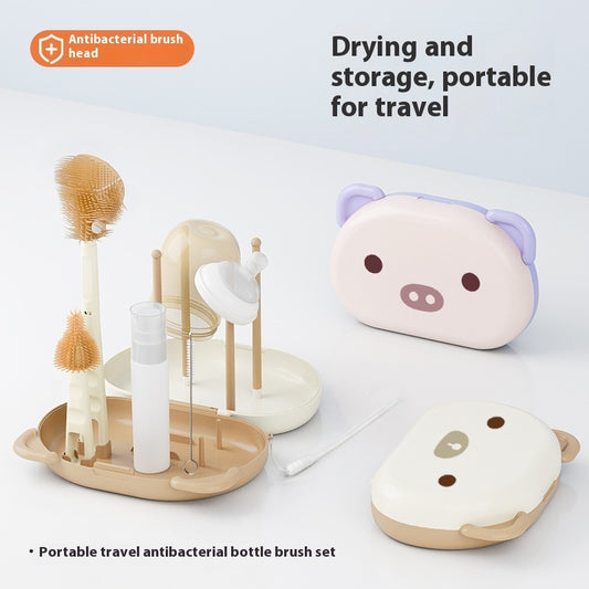 Baby bottle brush set with travel storage case in milk cafe white