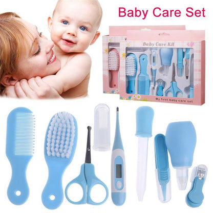 Baby care set with tools and packaging, featuring a baby and mother.