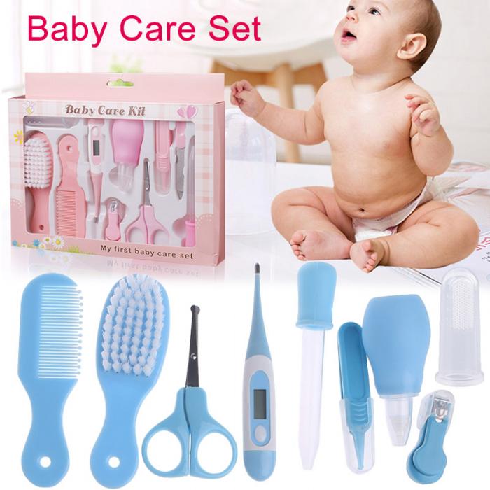 Baby care set with tools and a baby in a diaper.