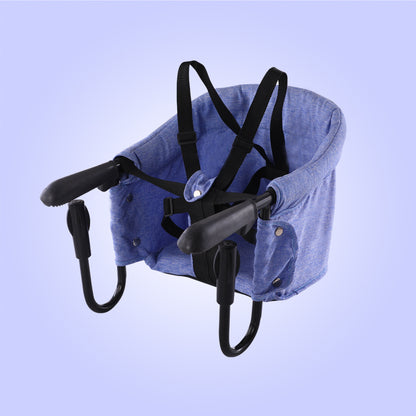 Blue baby high chair with black straps 
