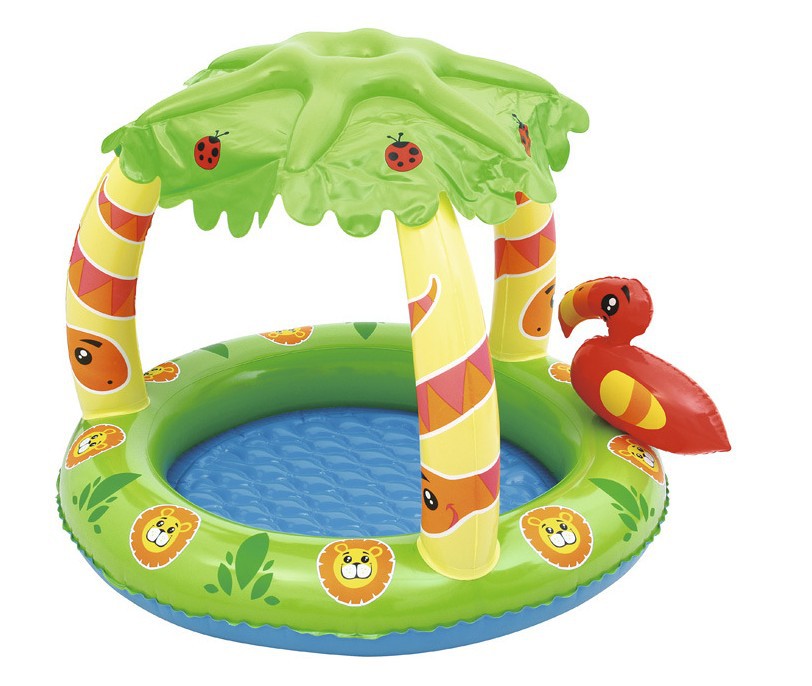 Children's inflatable pool with palm tree design and toy parrot 