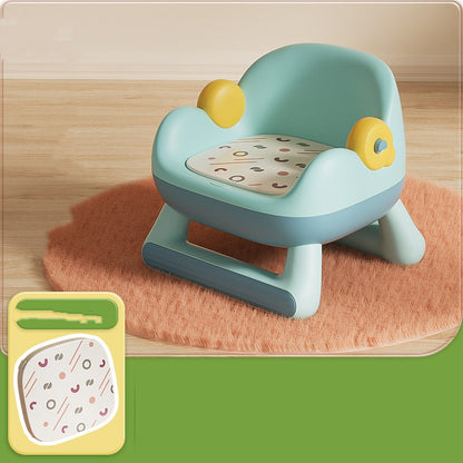 Children's learning chair with wheels on a wooden floor.