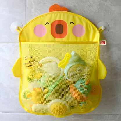 Yellow duck baby bath toy mesh storage bag mounted with suction cups