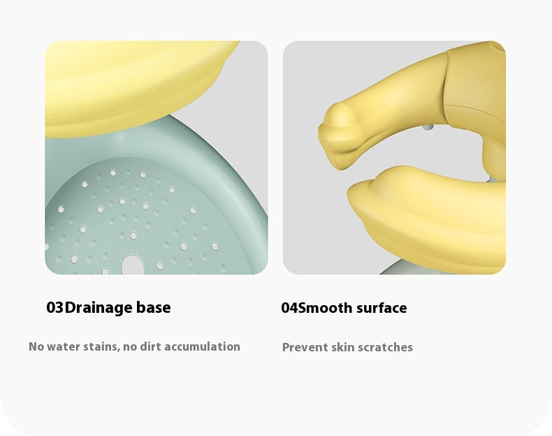 Close-up of perforated drainage base and smooth rounded duck arm surface, text reading "03 Drainage base - No water stains, no dirt accumulation" and "04 Smooth surface - Prevent skin scratches,"