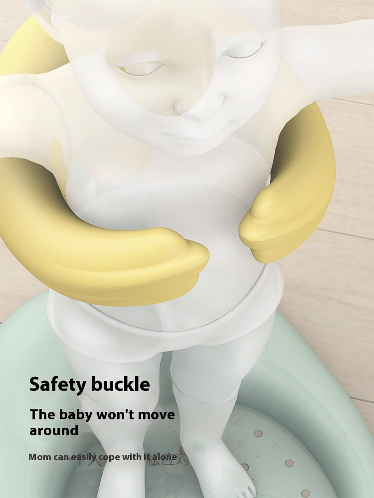 Illustration of a baby in a seat with a safety buckle, emphasizing safety and stability.