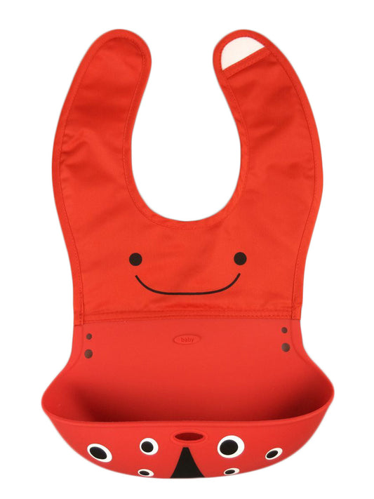Silicone baby bib with brown monkey face design and adjustable snap closure