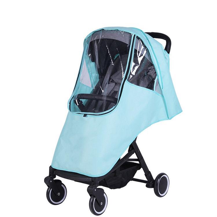Sky blue universal baby stroller rain cover with transparent front window, waterproof weather shield for infant stroller protection.