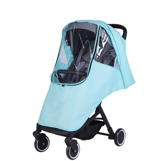 Sky blue universal baby stroller rain cover with transparent front window, waterproof weather shield for infant stroller protection.