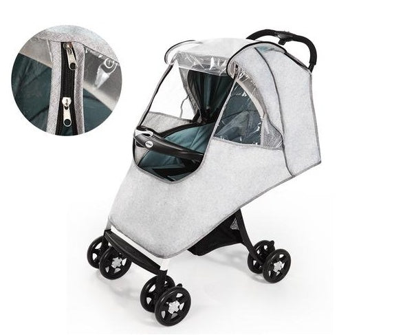 Light grey universal baby stroller weather shield with transparent front panel, zipper opening, and waterproof protective cover for strollers.
