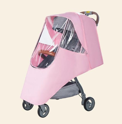 Pink waterproof baby stroller rain cover featuring a clear viewing window for protection against rain, wind, and dust.