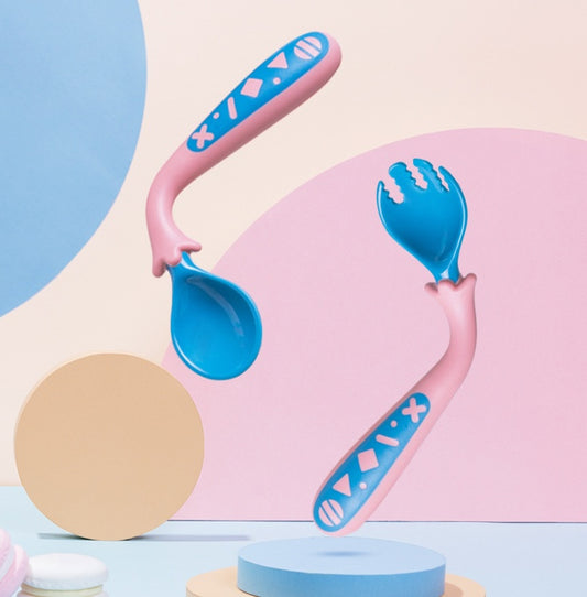 Bendable handle baby spoon and fork set for self feeding