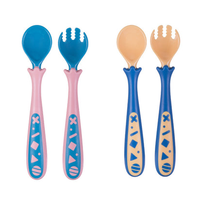 Baby self feeding spoon set, blue, pink and tan