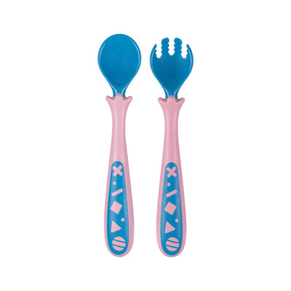 Baby self feeding spoon set, blue and pink