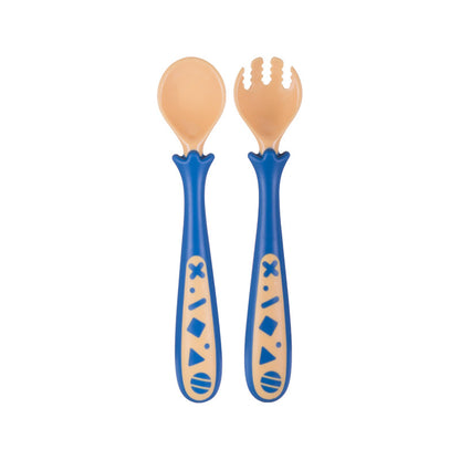  Baby self feeding spoon and fork set with curved handle, blue and tan