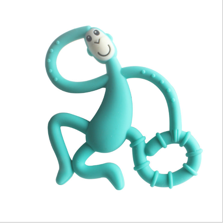 Teal silicone baby teether with a smiling face 