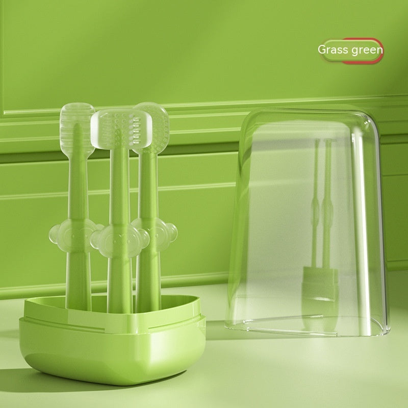 Newborn toothbrush set stored in clear vented travel case
