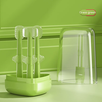 Newborn toothbrush set stored in clear vented travel case
