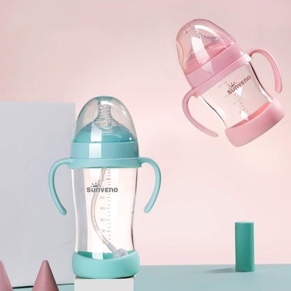 Pink wide neck baby bottle with handles, 280ml capacity