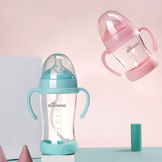Pink wide neck baby bottle with handles, 280ml capacity