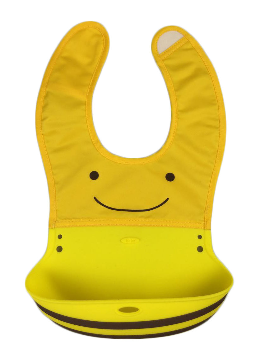 Baby wearing waterproof silicone bib with food-catching pocket during mealtime