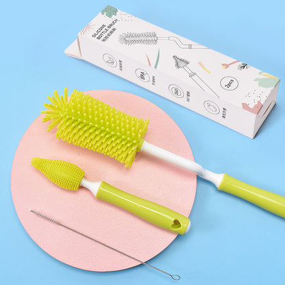 Bottle cleaner brush set with curved nipple brush attachment
