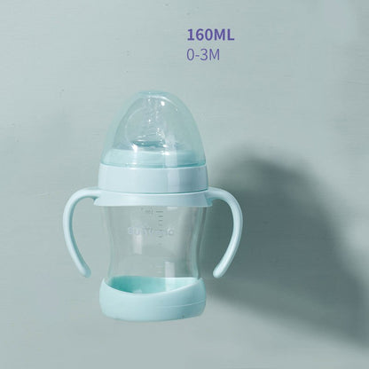 Baby bottle parts including nipple, wide neck collar, and base