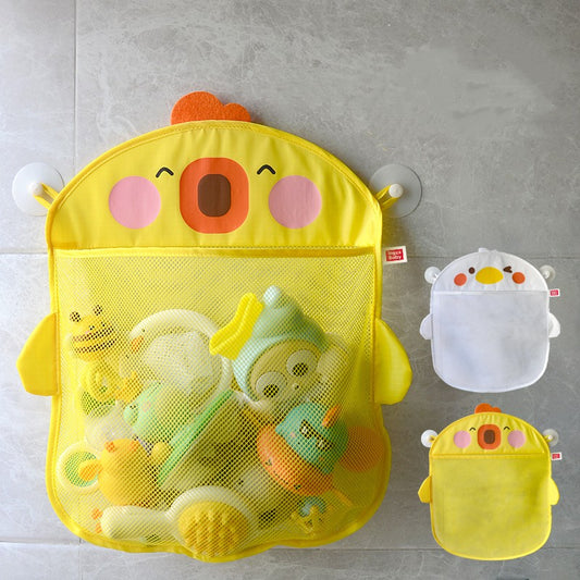 Cute duck cartoon baby bath toy storage mesh bag with suction cups