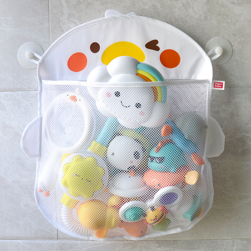 Strong suction cup mount on duck baby bath toy storage bag