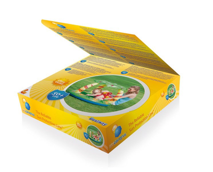 Yellow packaging box with a circular inset showing a family playing outdoors, 
