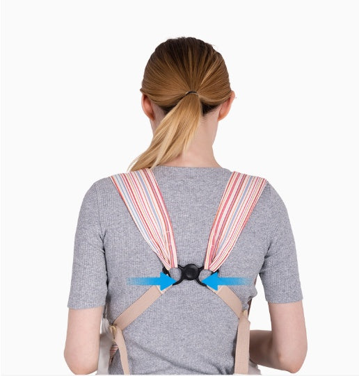  Back view of mother wearing mesh baby carrier showing adjustable X-cross shoulder straps