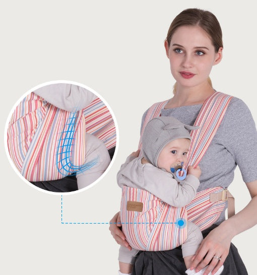 Close-up of mesh baby carrier fabric showing airflow ventilation around baby's leg opening