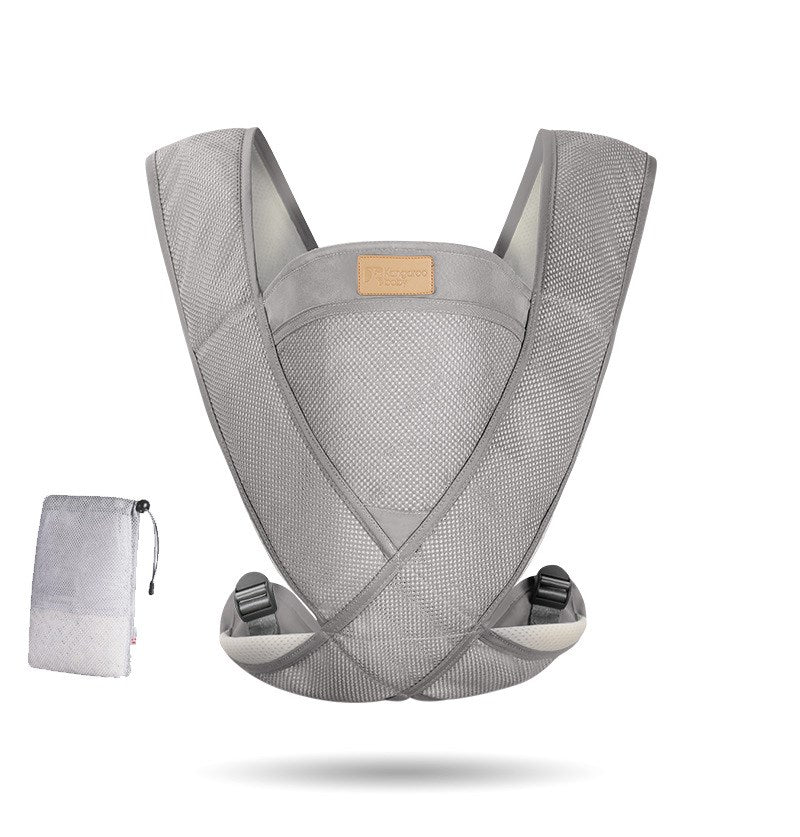  Gray mesh baby carrier with crossed X-straps and buckle clips, shown with mesh storage pouch