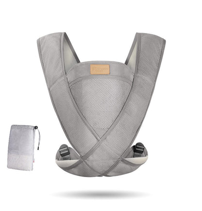  Gray mesh baby carrier with crossed X-straps and buckle clips, shown with mesh storage pouch