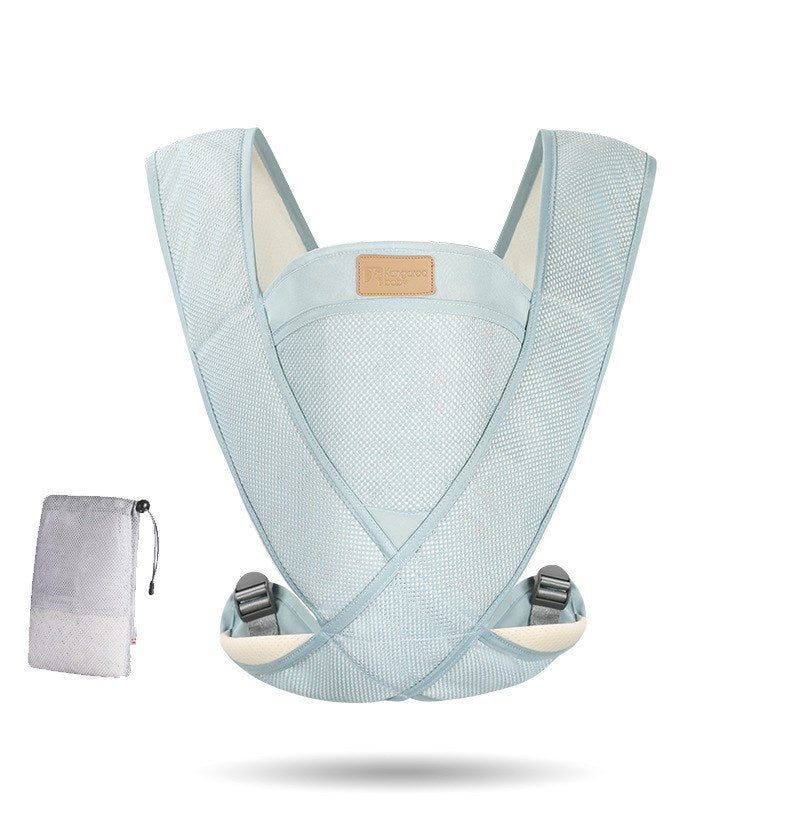 Light blue mesh baby carrier with crossed X-straps and buckle clips, shown with mesh storage pouch
