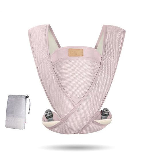 Pink mesh baby carrier with crossed X-straps and buckle clips, shown with mesh storage pouch