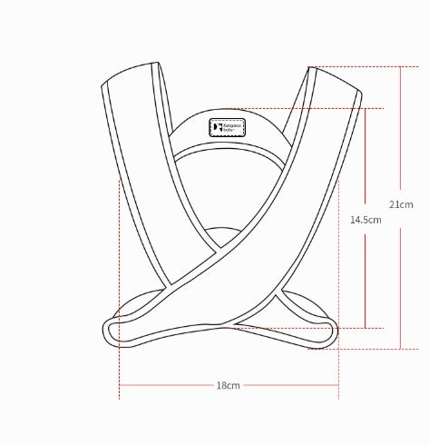 Mesh baby carrier size diagram showing 21cm strap height, 14.5cm width, and 18cm base dimensions
