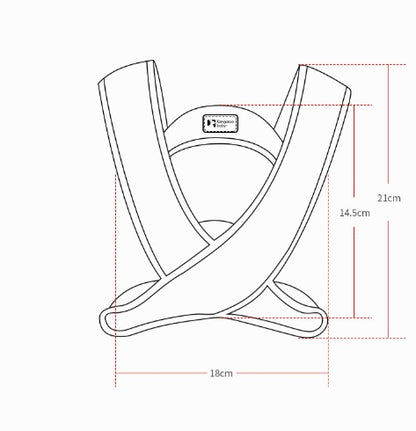 Mesh baby carrier size diagram showing 21cm strap height, 14.5cm width, and 18cm base dimensions