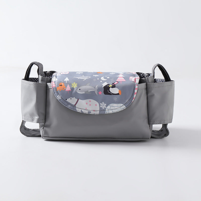 Gray bag with a colorful animal pattern on a white background
