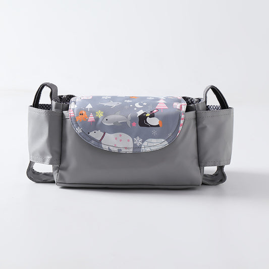 Gray bag with a colorful animal pattern on a white background