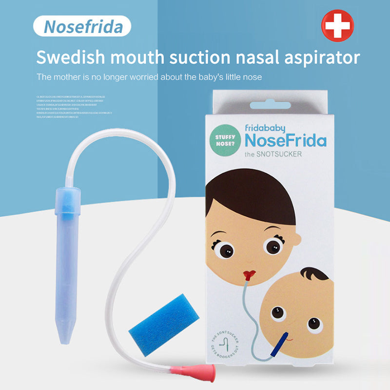 Nasal aspirator with blue tube and red mouthpiece