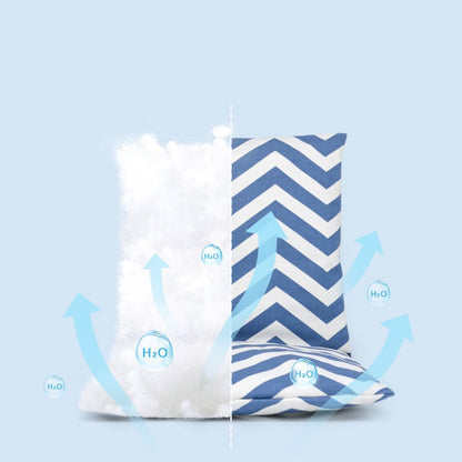 Two pillows, one white and one blue and white chevron-patterned. outdoor toddler swing