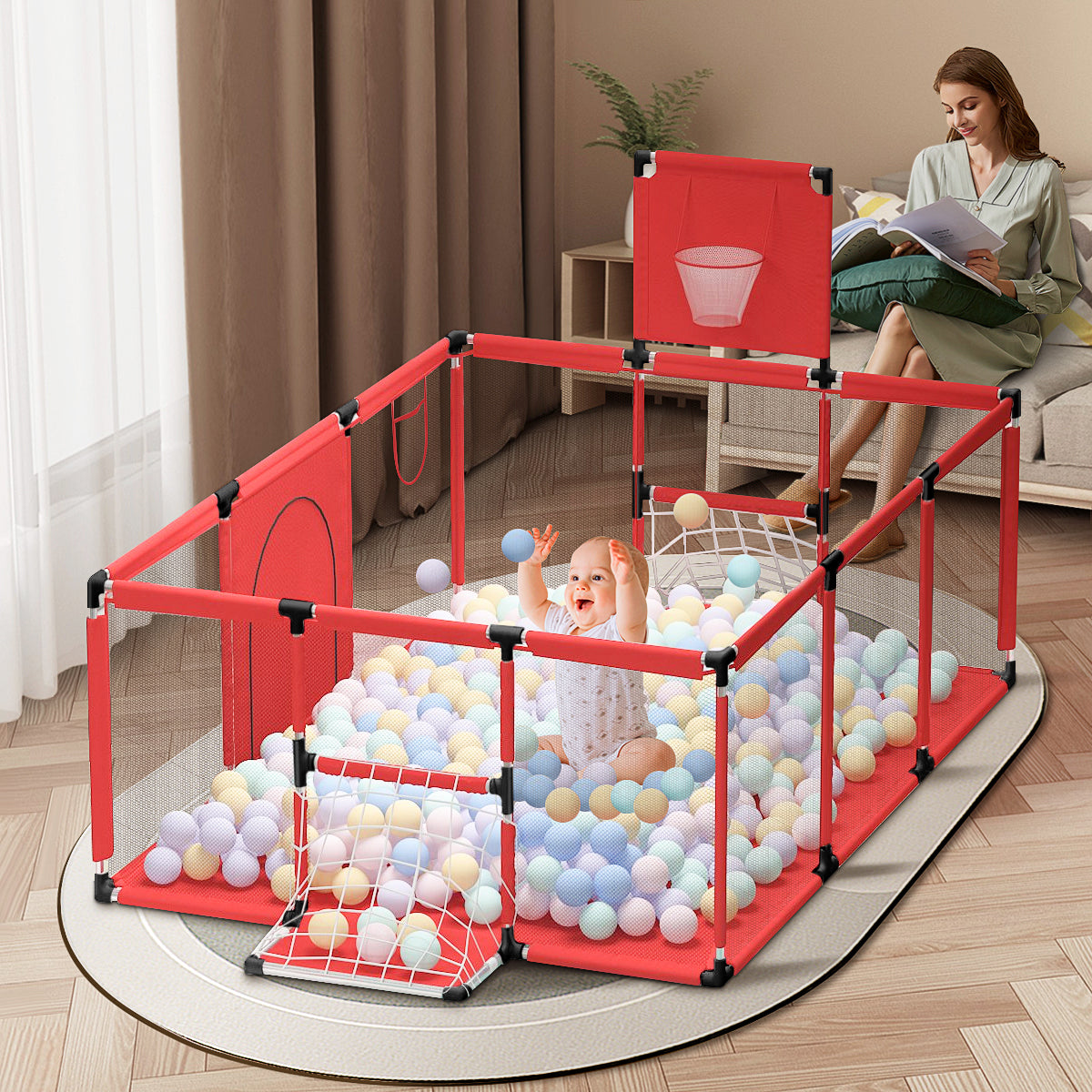 Portable infant playpen in red color
