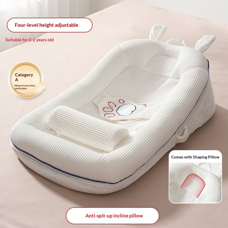 Portable baby lounger with four-level adjustable pillow for supervised rest